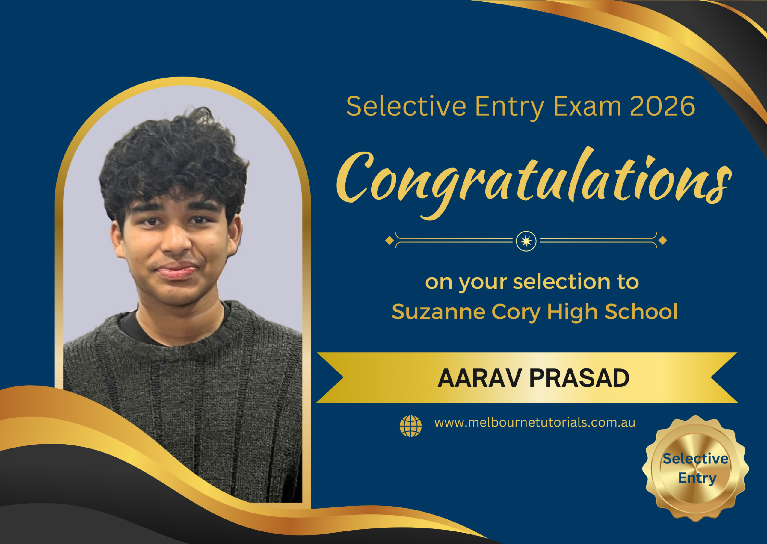 Aarav Prasad, selected in the 2026 Selective Entry Exam