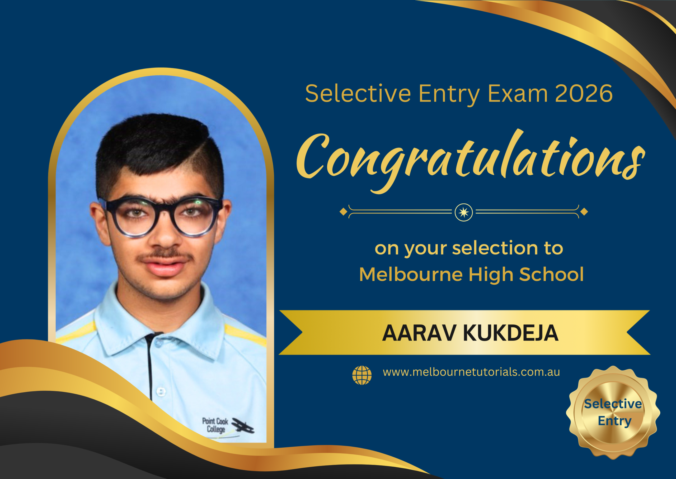 Aarav, selected in the 2026 Selective Entry Exam