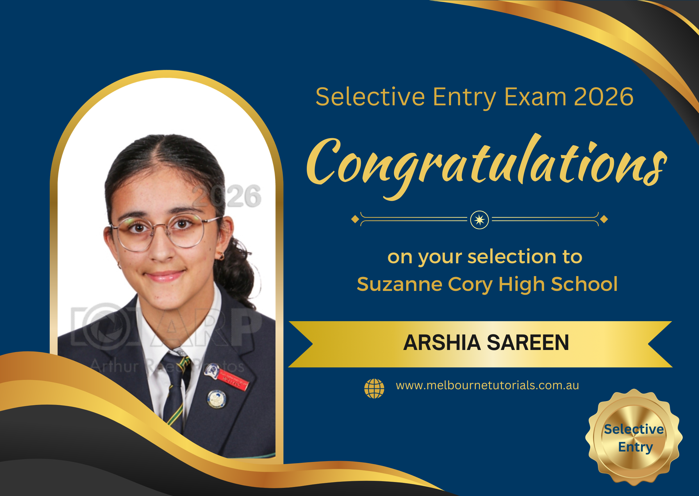 Arshia, selected in the 2026 Selective Entry Exam