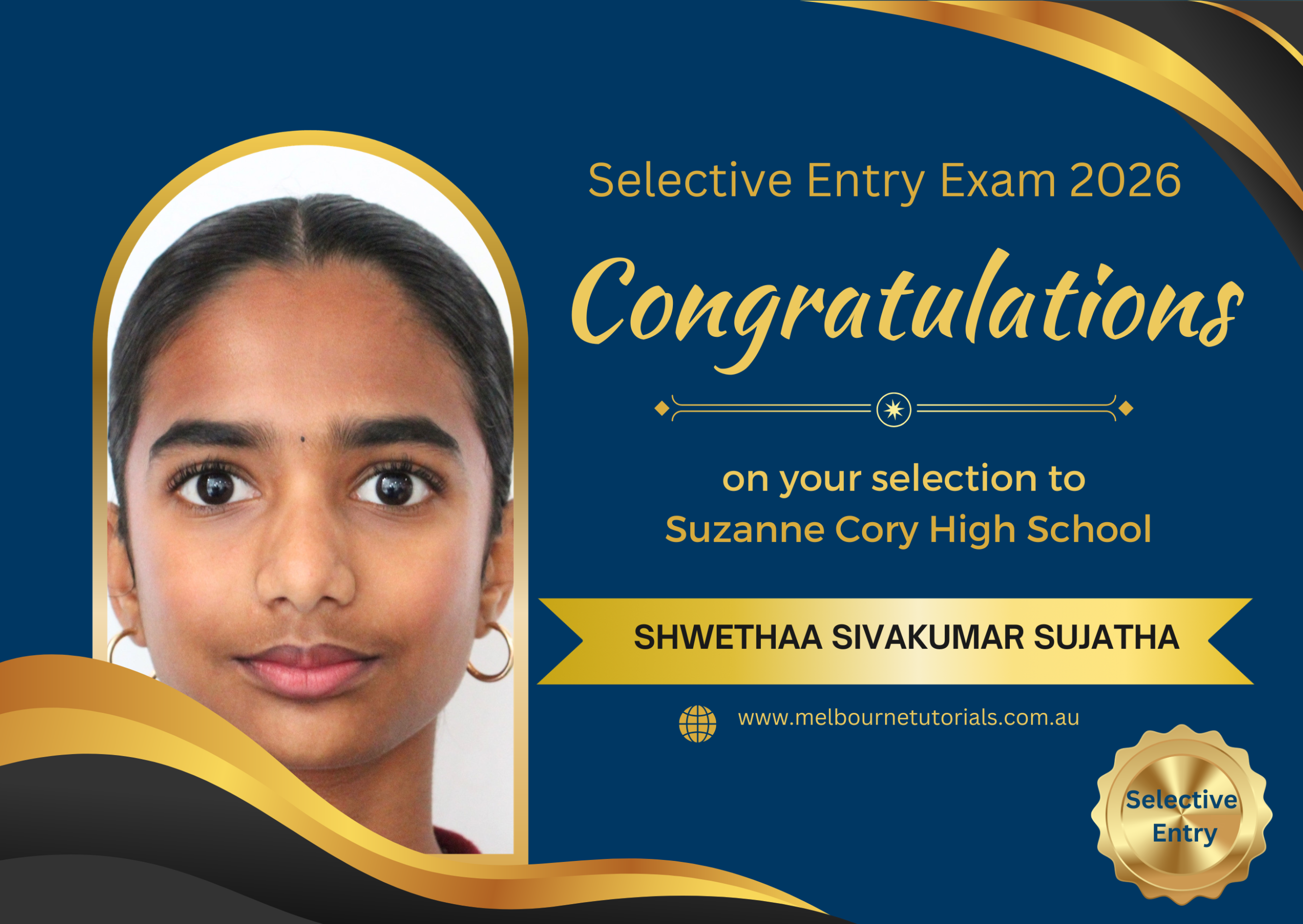Shwetha, selected in the 2026 Selective Entry Exam