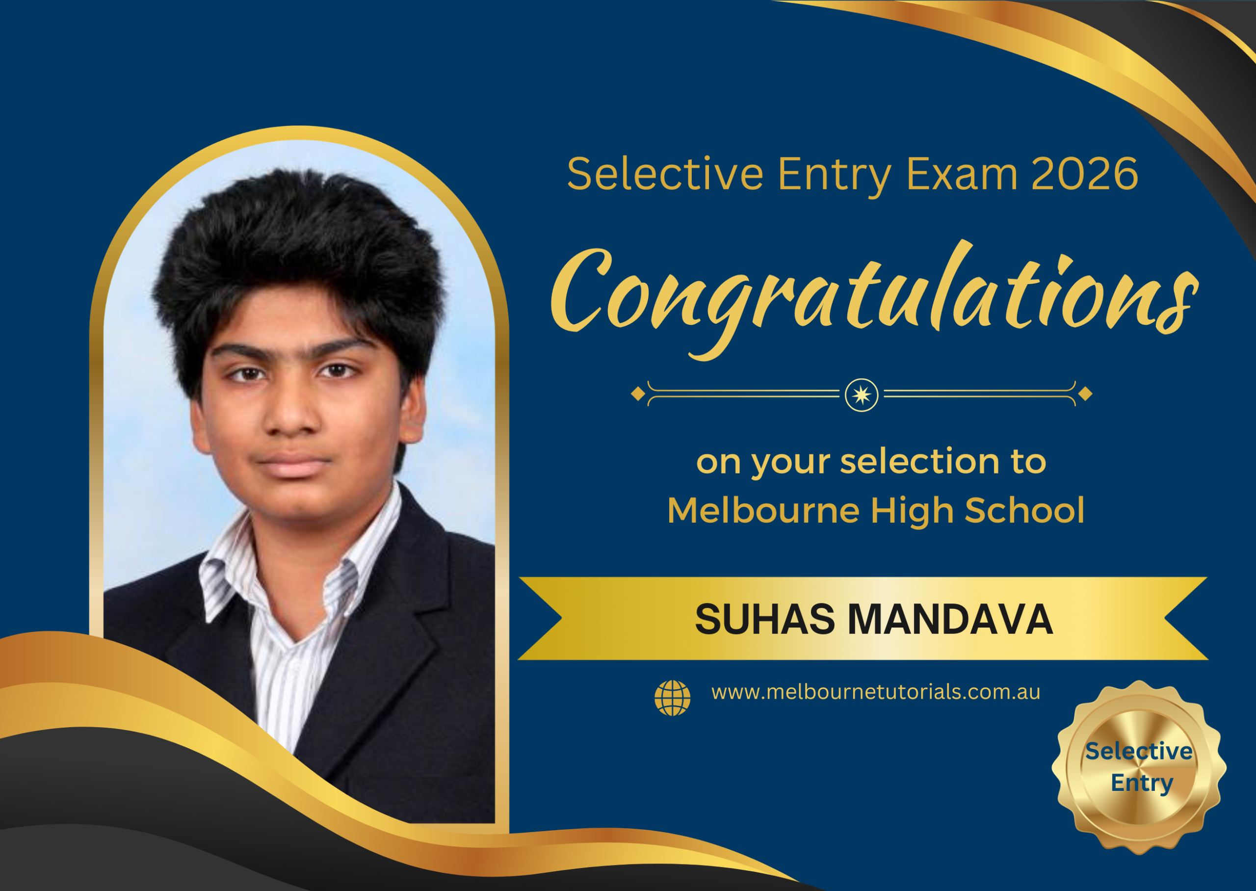 Suhas, selected in the 2026 Selective Entry Exam