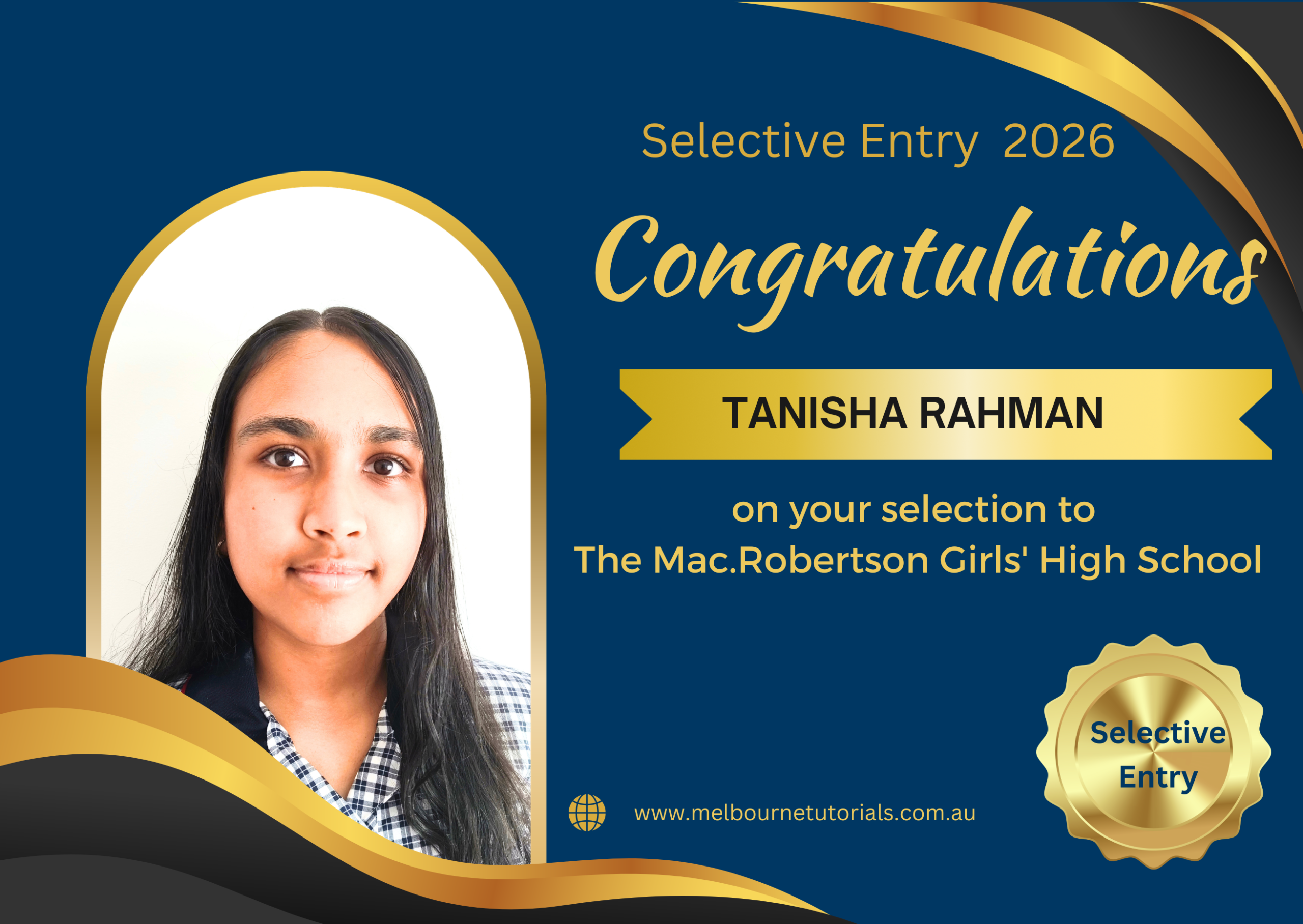 Tanisha, selected in the 2026 Selective Entry Exam