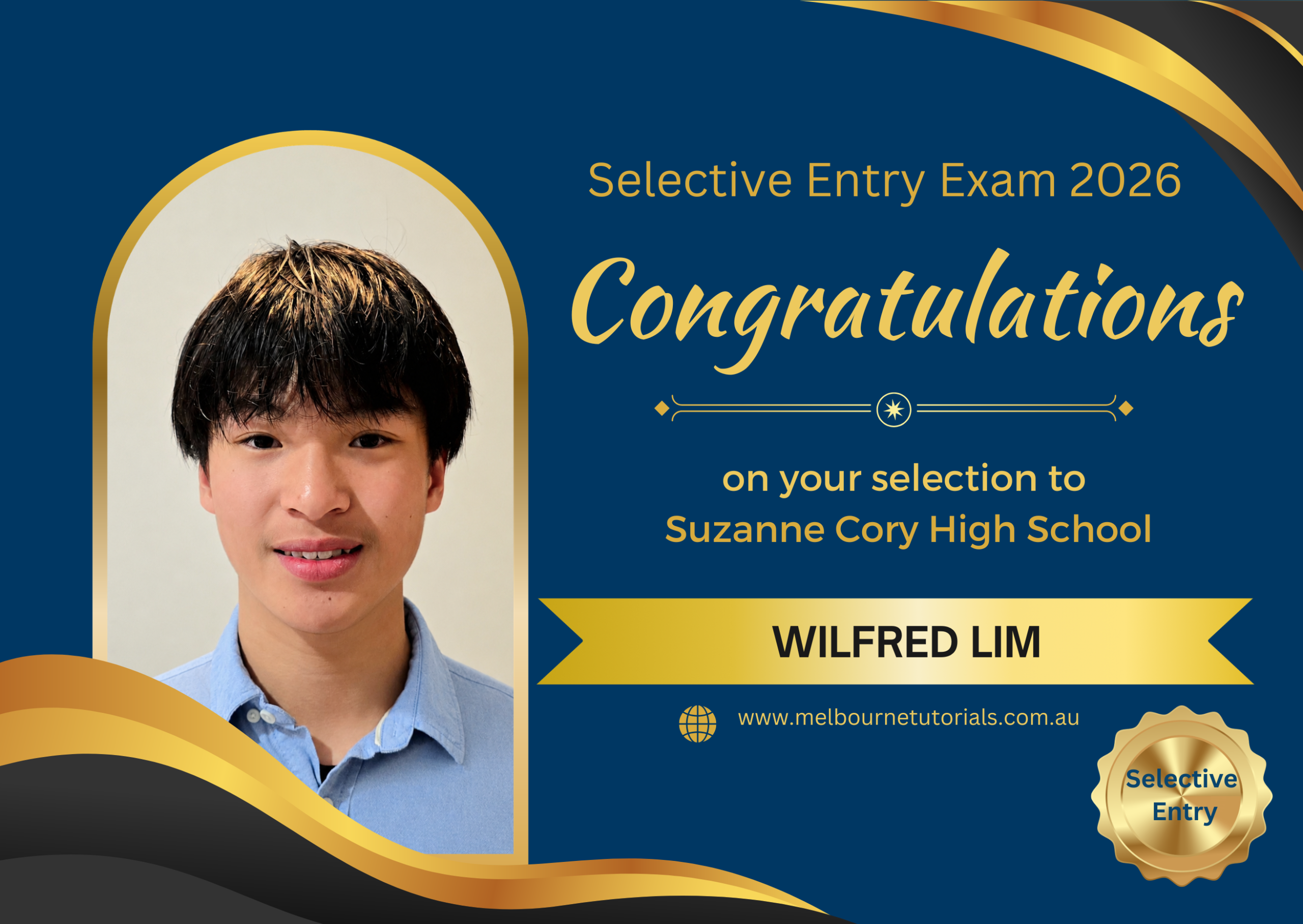 Wilfred Lim, selected in the 2026 Selective Entry Exam